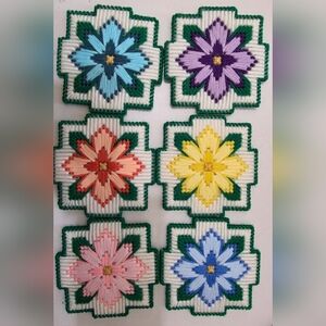 Handmade Needlepoint Floral Coasters on Mesh Canvas Set of 6 W/Box 4inx4in
